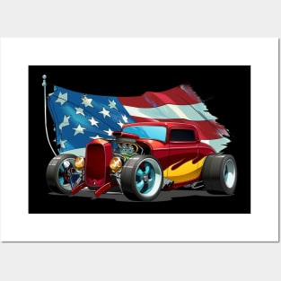 Hot Rod Fourth of July American Flag 4th of July Patriotic Custom Classic Vintage Retro Hot Rod Posters and Art